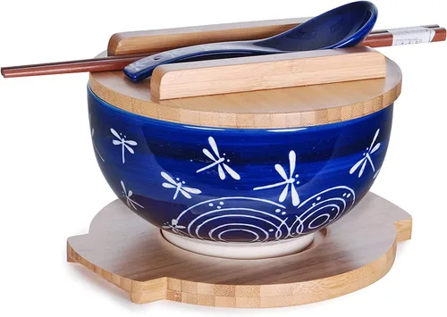 Vista 10 de Happy Sales HSKM-CHRYB8, juego de tazón para ramen, fideos de arroz estilo vintage japonés Kamameshi con tapa de bambú, esterilla, palillos
