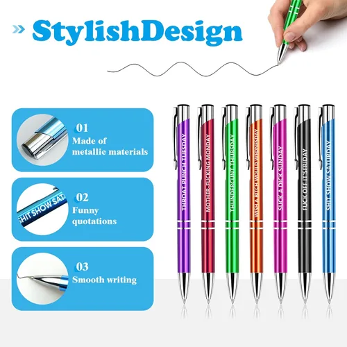 Vista 3 de QPEY 7 bolígrafos sarcásticos, juego de bolígrafos de palabras malditas diarias, bolígrafos divertidos para adultos, tinta negra, 1.0 mm, siete días