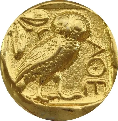 Vista 4 de Atenea y búho, famoso colgante y cadena de monedas griegas antiguas, diosa de la sabiduría, "Marca de Atenea" mitología griega G, Acero inoxidable