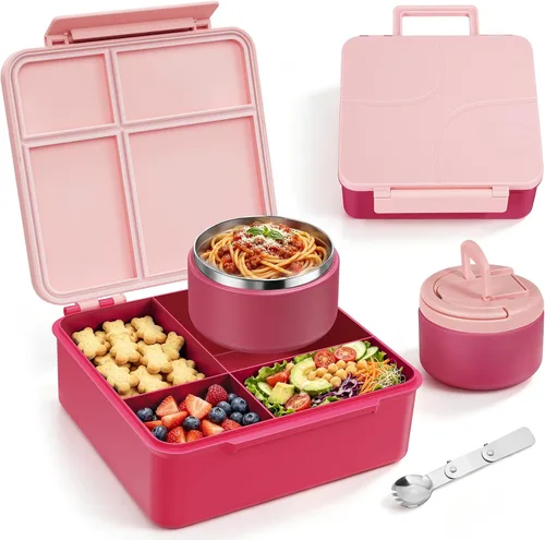 Vista 9 de MAXSO Set de Lonchera Bento para Niños con Termo de Sopa de 8 oz, Envase para Comida Caliente a Prueba de Fugas con 4 Compartimentos, Tarro