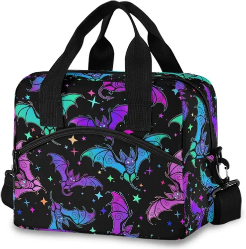 Vista 10 de MNSRUU Bolsa de almuerzo aislada murciélagos y flores vintage mujeres hombres tela tote enfriadora para cena bolsa reutilizable a prueba de fugas