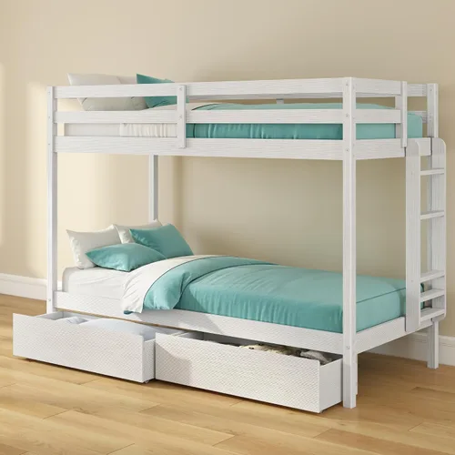 Vista 11 de Grain & Grove - Litera de dos camas con oso, estructura de litera resistente para niños, litera de madera contrachapada con escalera, barandilla