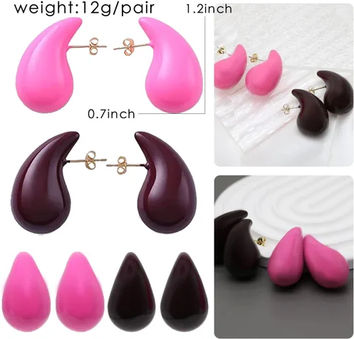 Vista 3 de 2 pares de aretes de gota de agua gruesos dorados y plateados, ligeros, huecos, aretes de aro de lágrima, regalo de joyería de moda para mujeres