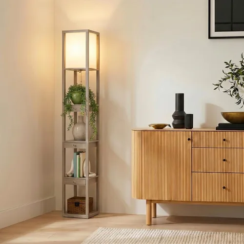 Vista 3 de Brightech Maxwell Edición Cajón - Lámpara de pie moderna de estante con cajón - Lámparas de pie de esquina con estantes para sala de estar