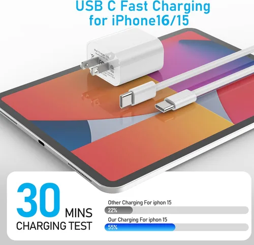 Vista 2 de Cargador de teléfono, adaptador de cargador rápido de pared PD USB C de 20 W con cable de carga súper rápido de 6 pies (A5)