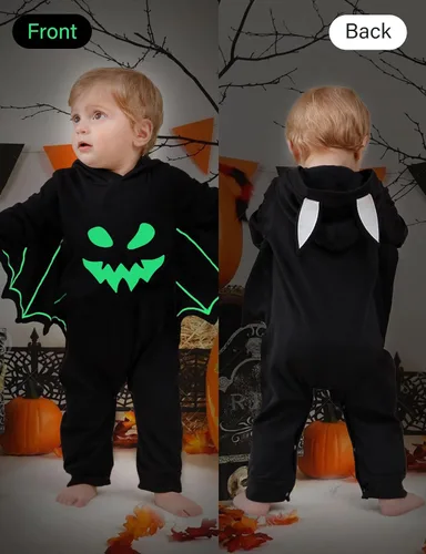 Vista 2 de Goodstoworld Disfraz de Halloween para bebé recién nacido, para niño y niña, color negro con murciélago que brilla en la oscuridad, body de 0 a 18
