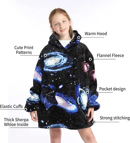 Vista 5 de JAMBHALA Manta de gran tamaño con capucha para niños, sudadera con capucha de franela cálida y esponjosa con bolsillos para niños y adolescentes