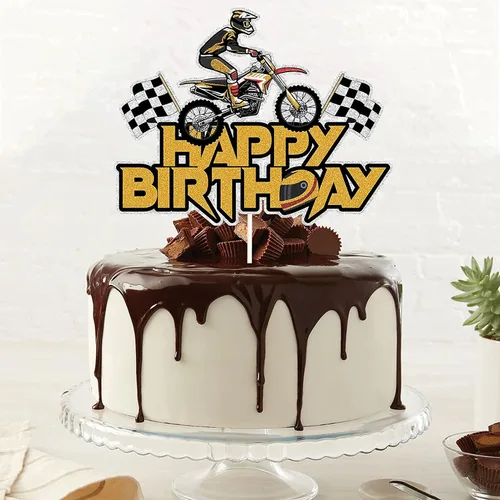 Vista 3 de Decoración para tartas con temática de cumpleaños, para motocicleta, con purpurina dorada.