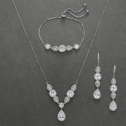 Vista 5 de SWEETV Juego de 3 joyas de novia de circonita cúbica para boda, collar de cristal, aretes colgantes, pulseras para mujeres, disfraces de graduación