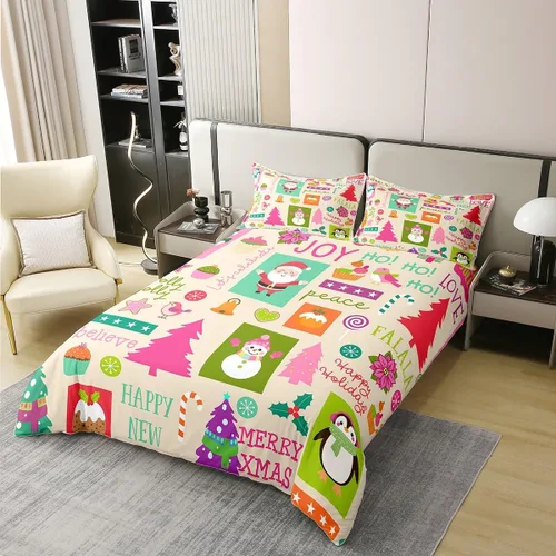 Vista 2 de Funda de edredón de Papá Noel 100% algodón, funda de edredón de ciervos de Navidad para niños y niñas, juego de ropa de cama de pingüinos de dibujos