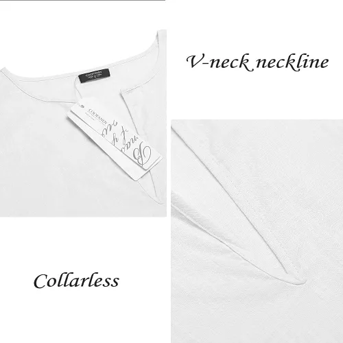 Vista 4 de COOFANDY - Bata de cuello en V de lino para hombre, manga corta, kaftán, thobe, túnica larga, camisa casual para playa, verano 01-Blanco