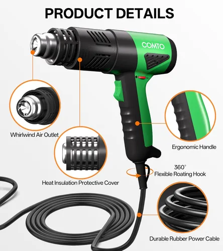 Vista 5 de Pistola de calor de 1800 W, calentamiento rápido, 122℉-1202℉, pistola de aire caliente resistente, control de temperatura variable, protección