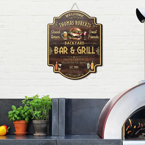 Vista 6 de Artsy Woodsy Letrero personalizado para bar y parrilla en el patio trasero (no tallado o neón), decoración de placa artística de pared, accesorios