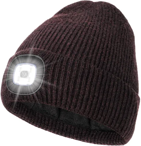 Vista 9 de MELASA Gorro de invierno con forro polar LED, recargable por USB, gorro cálido con luz integrada, regalos para hombres, papá, esposo, él