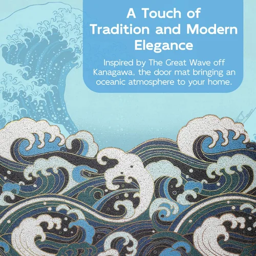 Vista 3 de Tapete de puerta de entrada de onda azul, tapete de estilo japonés Ukiyo-e, tapete antideslizante de PVC para puerta, tapete para el hogar, tapete