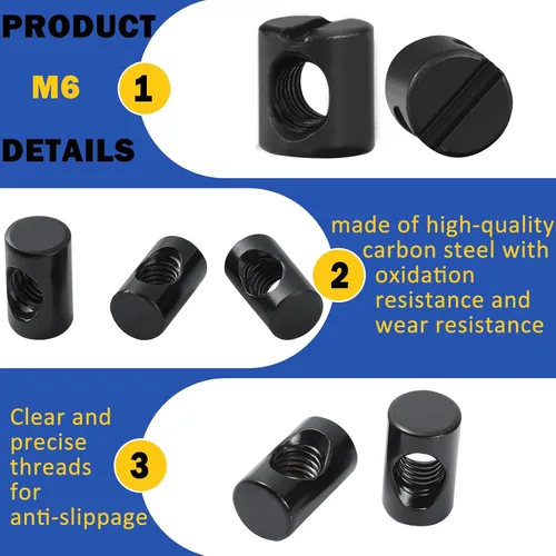 Vista 3 de 74 PIEZAS Tuercas de Barril M6 Negras Métricas con Ranuras para Muebles, Kit de Tuercas M6 x 11mm/12mm/13mm/15mm/20mm