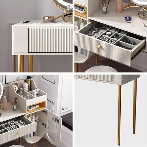 Vista 7 de Tocador con espejo de luces LED, brillo ajustable de luz de 3 colores, mesa de maquillaje con armario y cajón de almacenamiento, taburete acolchado