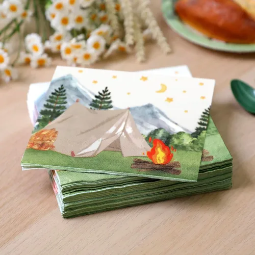 Vista 6 de Nefelibata Servilletas de papel para campamento con decoración de cumpleaños, servilletas de papel con acuarela, tienda de campaña de acuarela