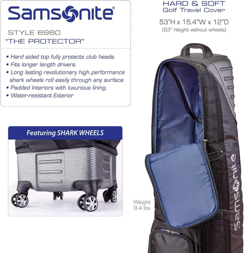 Vista 3 de Samsonite Bolsa de viaje de golf The Protector Hardside and Softisde con ruedas de tiburón, exterior impermeable, color negro