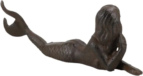Vista 6 de Ebros Gift Sirena náutica de hierro fundido rústico de 9.5 pulgadas de largo con cola estirada, estatua de diosa del océano, princesa, playa
