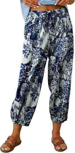 Vista 7 de Pantalones capri de cintura alta con cordón y botón de algodón suelto casual con bolsillos para mujer
