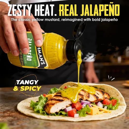 Vista 5 de Plochman's Mostaza mezclada de jalapeño, 11 onzas, condimento picante picante Zesty, bold, made with real jalapeños. Great on sandwiches, hot