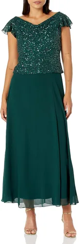 Vista 4 de J Kara Vestido largo de manga con volantes y cuello redondo y cuentas para mujer Champán Multi