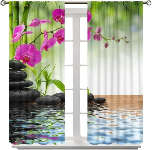 Vista 3 de Cortina de spa, tapete de bambú con diseño de piedras de orquídea, cortinas opacas para dormitorio, sala de estar, cocina, oscurecimiento