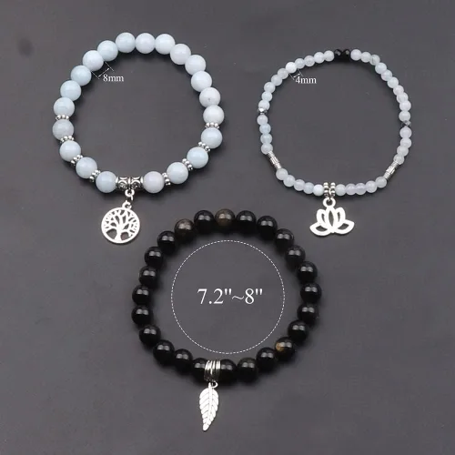 Vista 2 de UEUC - Pulseras Reiki, apilables, de piedras curativas, cristales, con dije del árbol de la vida, yoga y hoja de loto, contra la ansiedad