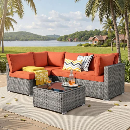 Vista 35 de ovios Juego de muebles de patio al aire libre de 5 piezas con mesa de café, conjunto seccional de muebles de patio con sofá de mimbre para todo tipo