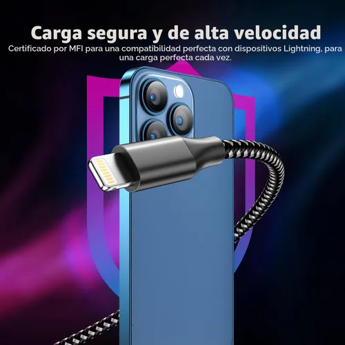 Vista 3 de Cable de carga para iPhone de carga rápida, paquete de 3 unidades de 10 pies, cable Lightning certificado MFi de Apple, cable de carga para iPhone