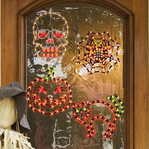 Vista 4 de LAMPHOME Decoraciones de Halloween – Silueta de ventana, linterna iluminada, telaraña, calavera, gato para fiesta, hogar, interior, adornos de mesa