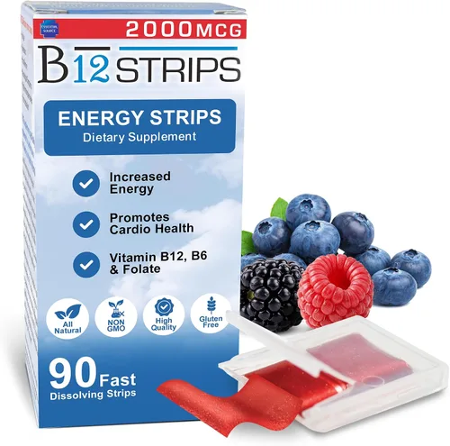 Vista 8 de Essential Source Tiras de energía sublinguales de vitamina B12 de metilcobalamina de 2,000 mcg Biotina, B6, 5-MTHF L-metilfolato Vitaminas B12