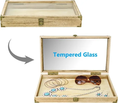 Vista 3 de MOOCA Caja de almacenamiento de accesorios de madera natural con esquinas de latón y cierre de metal, bandeja de joyería de madera