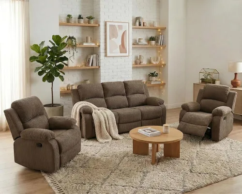 Vista 23 de Juego de sofá reclinable manual para sala de estar, juego de muebles de 3 piezas, sofá reclinable de tela Courduroy y dos sillas con mesa Azul