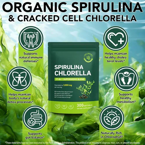 Vista 3 de Cápsulas de Clorella de Espirulina Orgánica,Suplemento sin OMG y sin gluten,300 cápsulas blandas
