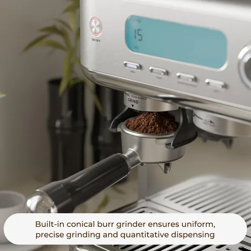 Vista 10 de Máquina de café expreso con molinillo y varita de vapor, acero Plateado