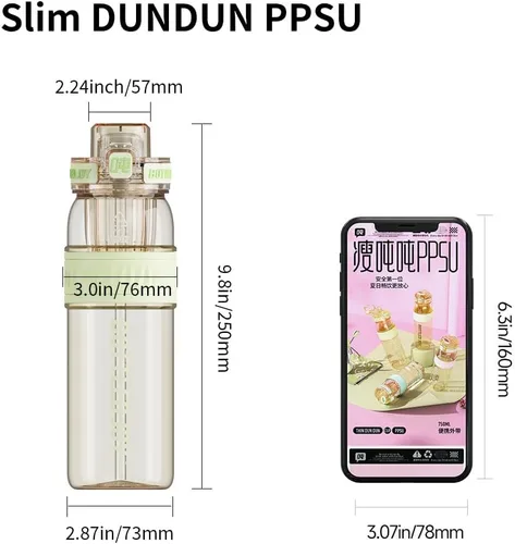 Vista 4 de BOTTLE JOY Botellas de agua de PPSU de 26 onzas con popote y correa, botella doble con boca para beber y beber con succión y beber, botella de agua
