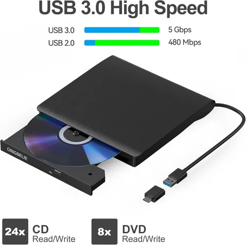 Vista 3 de ORIGBELIE Unidad externa de CD/DVD para portátil, grabadora de CD USB 3.0, unidad de DVD externa, reproductor de DVD portátil para computadora