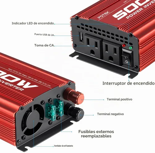 Vista 3 de POTEK - Inversor de corriente para automóvil de 500W, DC 12V a AC 110V, con 2 tomas de corriente AC y puerto USB de 2A