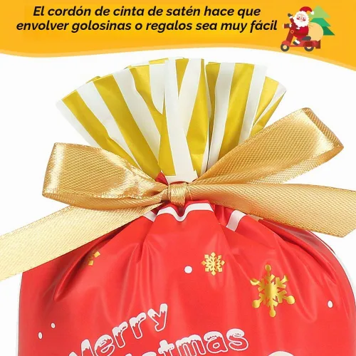 Vista 2 de HRX Package 50 bolsas de regalo de Navidad, 5.8x9x2.4 pulgadas, bolsas de golosinas con cordón de caramelos para regalos de comida, galletas de Rojo