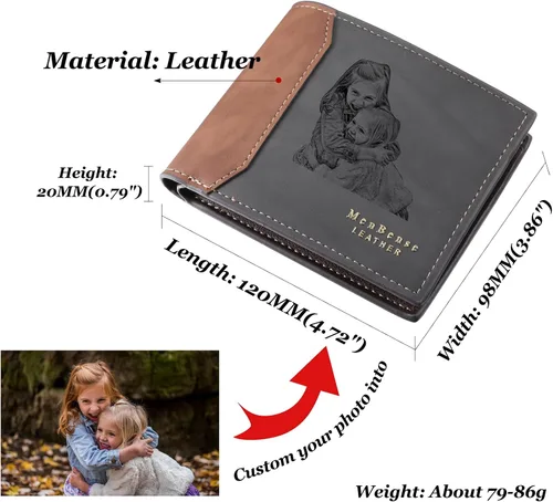 Vista 10 de INBLUE Billetera plegable grabada personalizada, cartera de cuero personalizada con foto y texto grabado, regalos para hombres, marido, papá, hijo