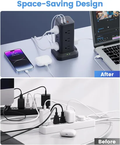 Vista 7 de Torre de regleta de alimentación con protector de sobretensiones de 1800J, torre de carga rápida PD20W puertos USB-C con 12 salidas de CA, cable