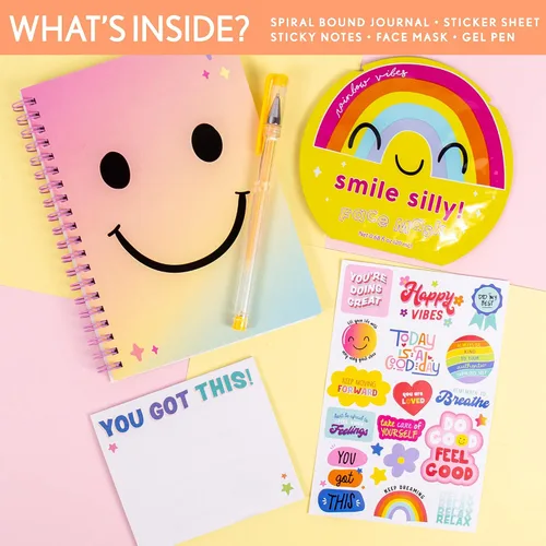 Vista 2 de Just My Style Diario de gratitud MoodJoy de Horizon Group USA, incluye diario de atención plena espiral, máscara facial nutritiva, notas adhesivas