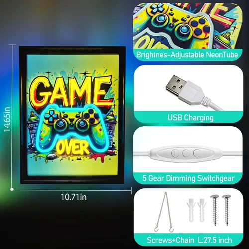 Vista 3 de Cartel de neón para gamer, arte de pared con forma de gamepad regulable en acuarela, imágenes coloridas sobre lienzo para colgar en pared