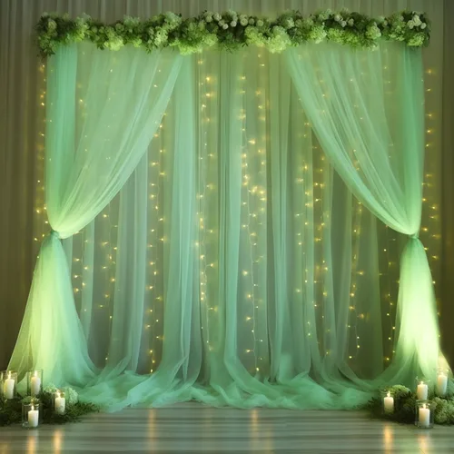 Vista 18 de Cortina de telón de fondo de tul azul bebé de 10 x 8 pies con cadena de luces para fiestas, cortinas de fondo transparentes para bodas, baby shower