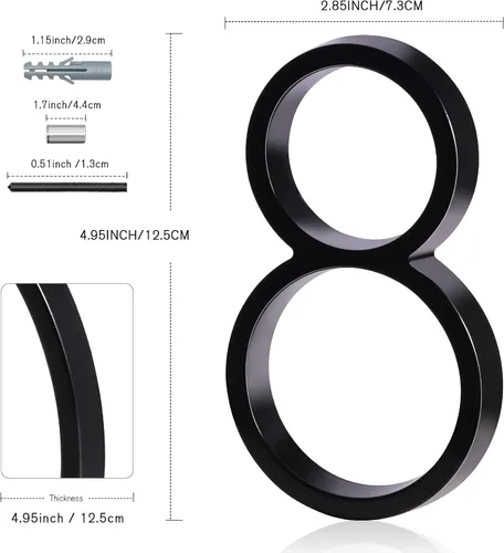 Vista 2 de Números de casa de 5 pulgadas para exterior, dirección de metal número 8, diseño moderno, acabado con recubrimiento en polvo negro resistente a