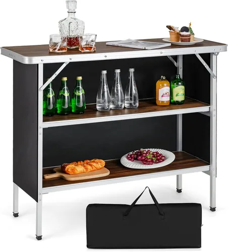 Vista 12 de Giantex Mesa de bar portátil para eventos, estación móvil plegable con estantes de almacenamiento, falda de privacidad extraíble, funda de Negro