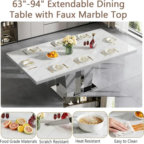 Vista 5 de Juego de mesa de comedor de mármol sintético blanco para 10, juego de mesa de comedor extensible de 11 piezas de 63 a 94 pulgadas con 10 sillas