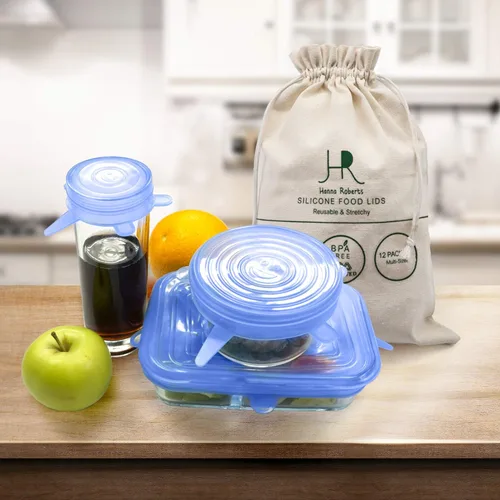 Vista 4 de Hanna Roberts Paquete de 12 tapas elásticas de silicona para alimentos, forma redonda y rectangular, sin BPA, tapas reutilizables y ecológicas. El